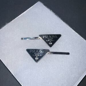 PRADA hair pins barrette black logo accessory silver set of 2 clips